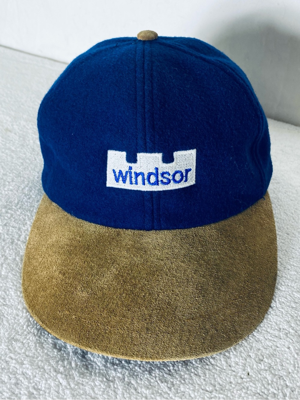 Vintage Tan Faux Suede Blue Fleece Windsor Salt Embroidered Logo Ball Cap Hat